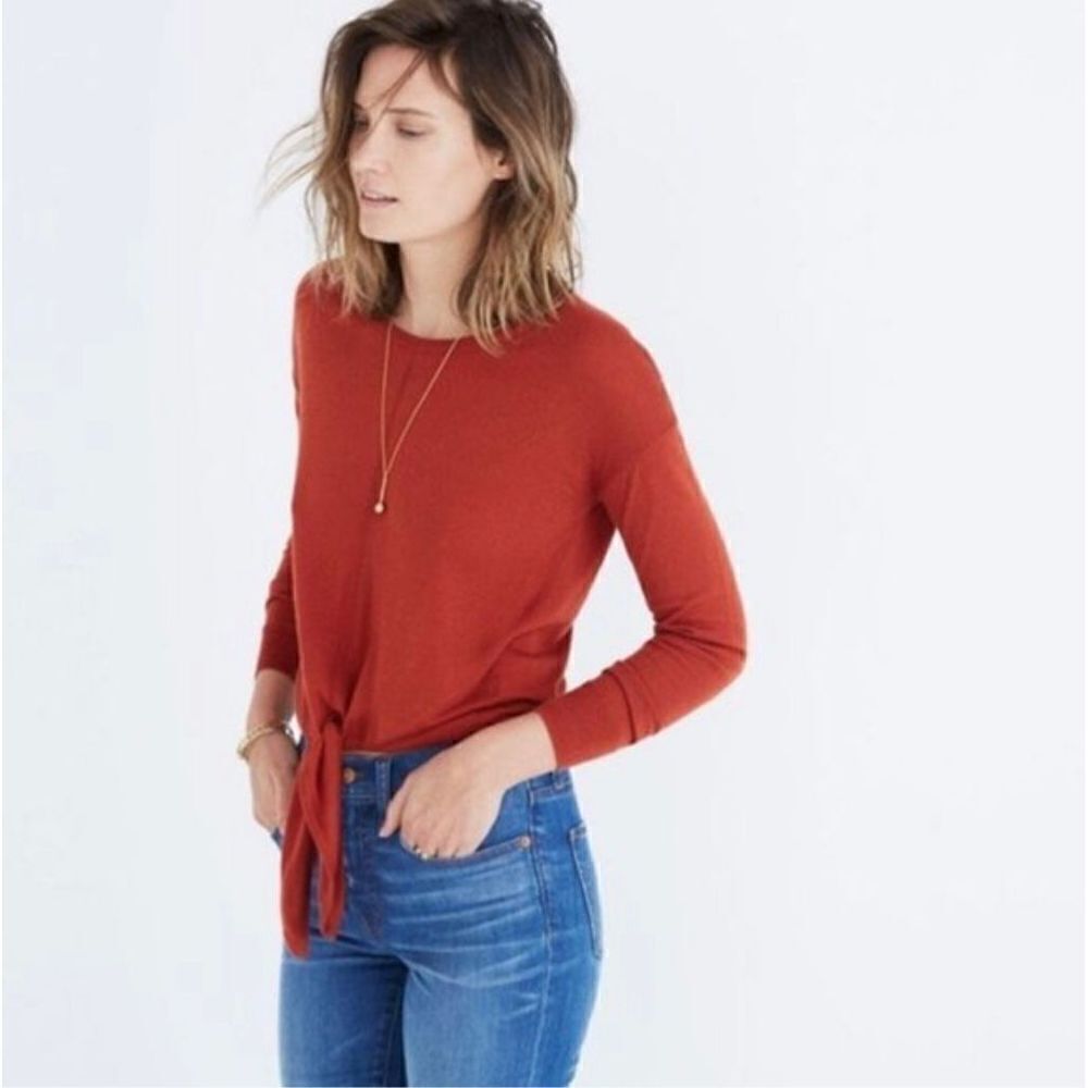 Madewell Rust Red Crewneck Tie-Front Sweater